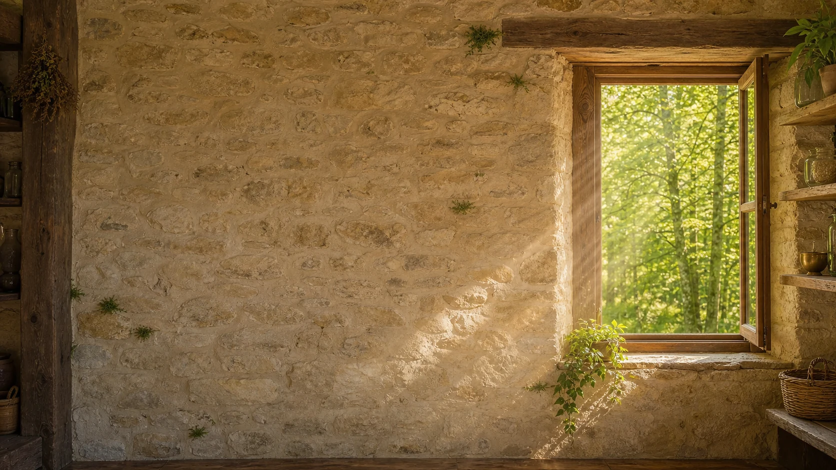 Helle steinerne Waldwerkstatt mit geöffnetem Fenster zum morgendlichen Wald
