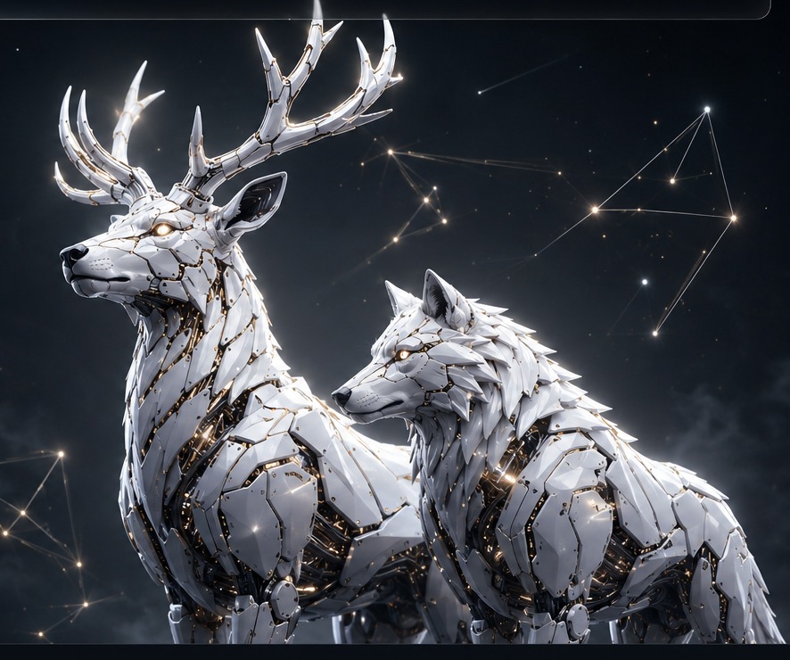 Weißer Transformer-Hirsch und Transformer-Wolf im digitalen Sternenhintergrund